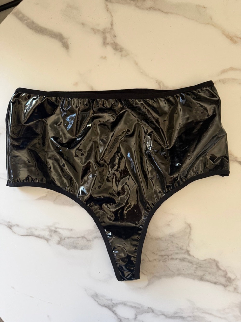 High-Waist Shiny Black Vinyl Thong Brief with Mesh Back for Festival Outfit